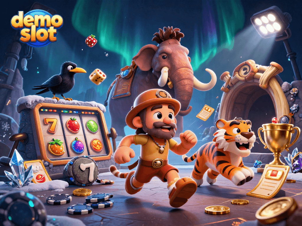 Play demo slot with engaging characters and vibrant casino elements in a prehistoric theme.