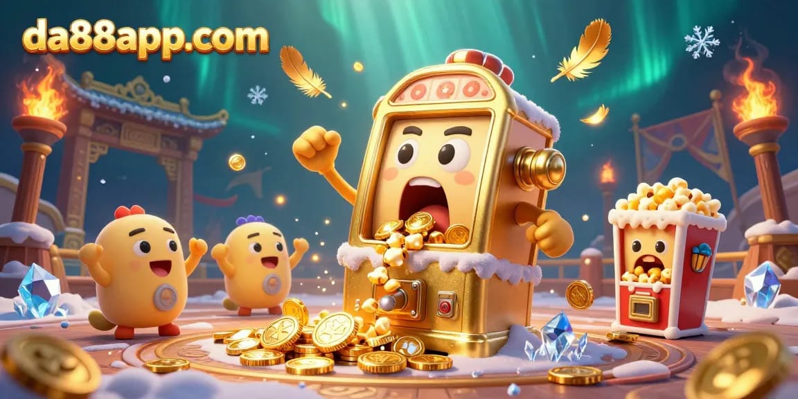 da88appcom celebrates a jackpot win with vibrant slot machine characters in a lively casino scene.