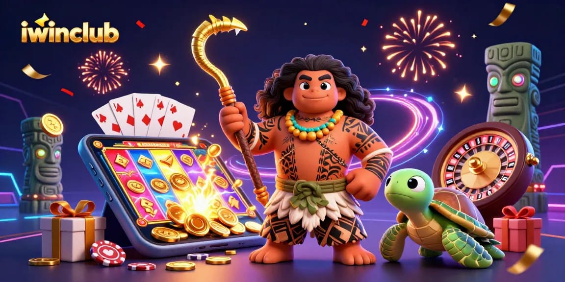 Engage with iwinclub's exciting slot games featuring a cartoon demigod hawk and vibrant casino elements.