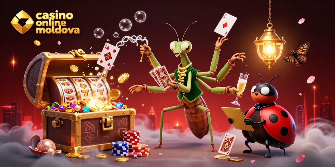 Câștigă la sloturi online la casino online moldova cu o ilustrație colorată de personaje 3D jucând cărți și șampanie.