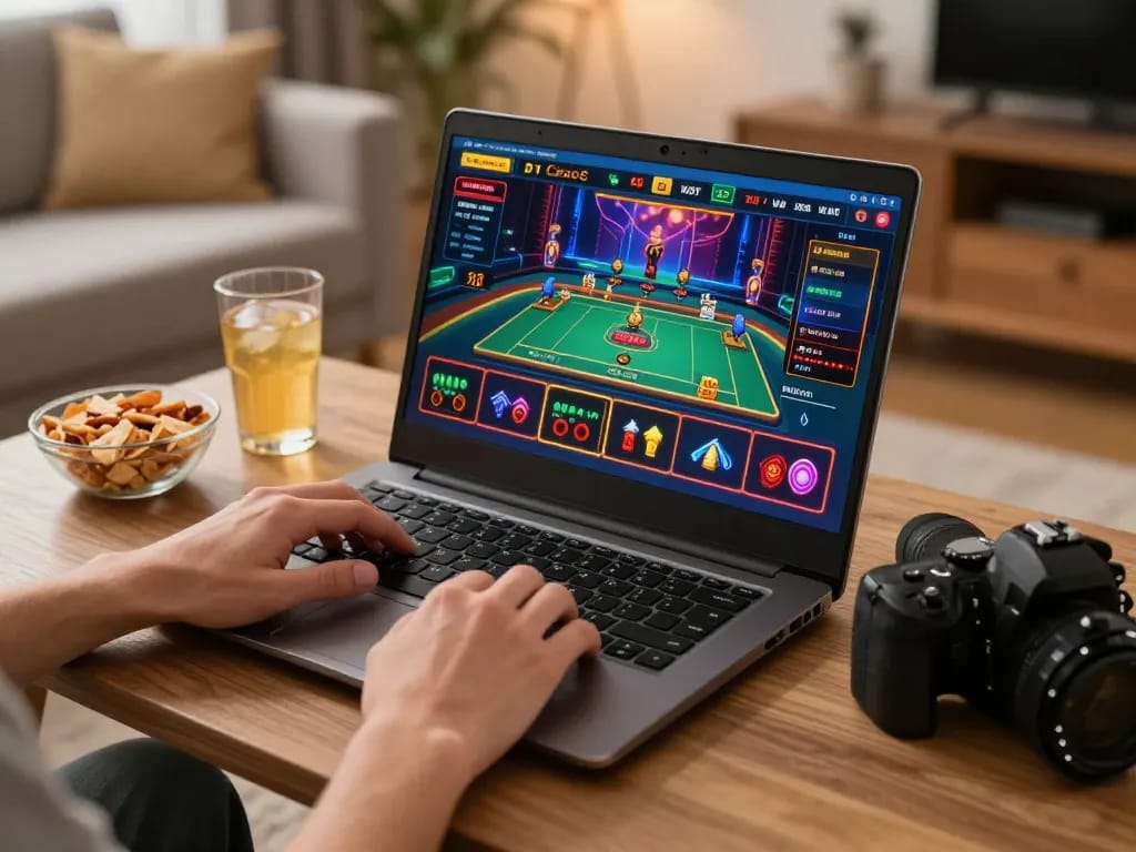Engaging user experiencing okwin online casino gaming from home, laptop showing live dealer gameplay.