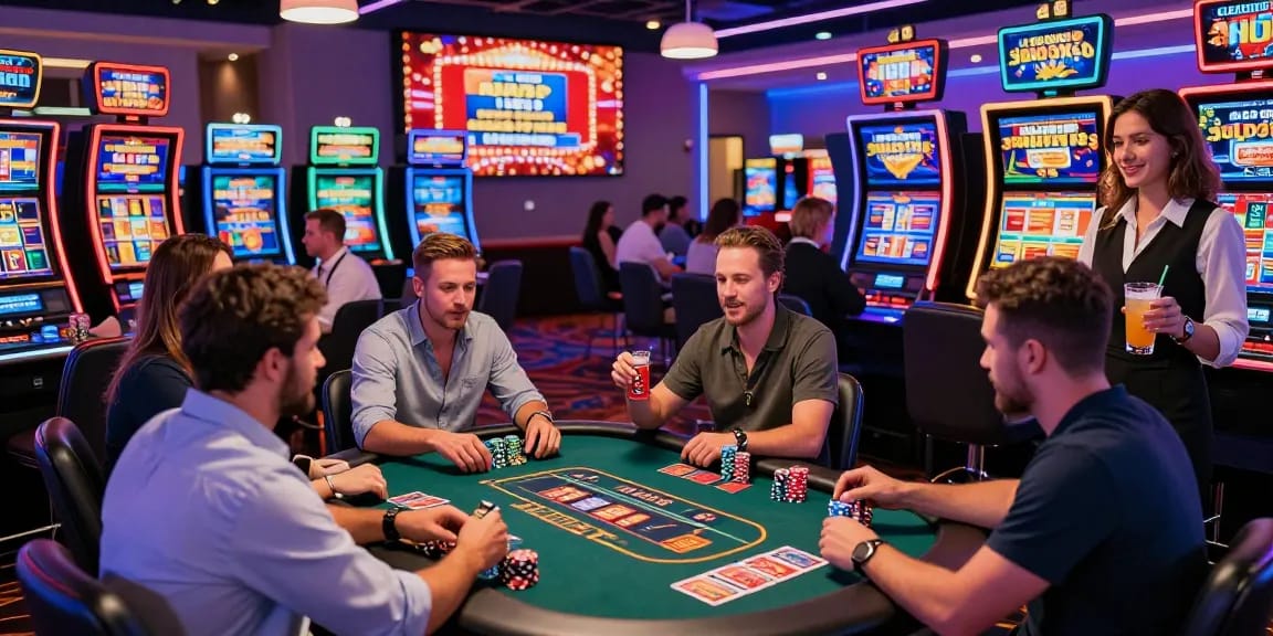 Exciting credit card casino scene with players engaging at vibrant tables, showcasing the thrill of gameplay.