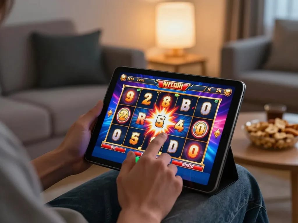 Player enjoying thrilling slot gacor game on tablet in a cozy living room.