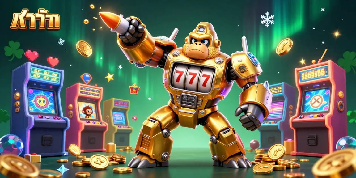 Baccarat-themed dynamic illustration showcasing a golden gorilla mech and vibrant gaming elements in action.