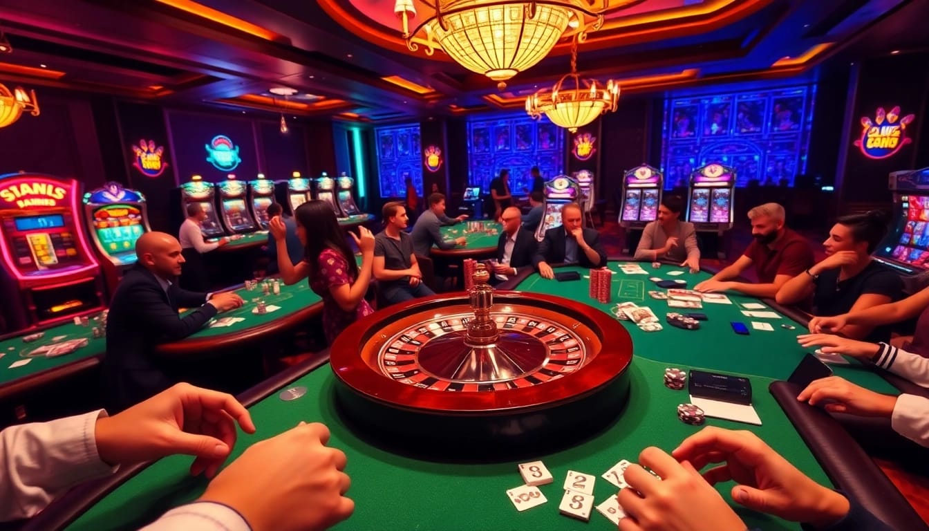 Des joueurs profitant de jeux à enjeux élevés au meilleur casino en ligne avec des tables de roulette et de poker.