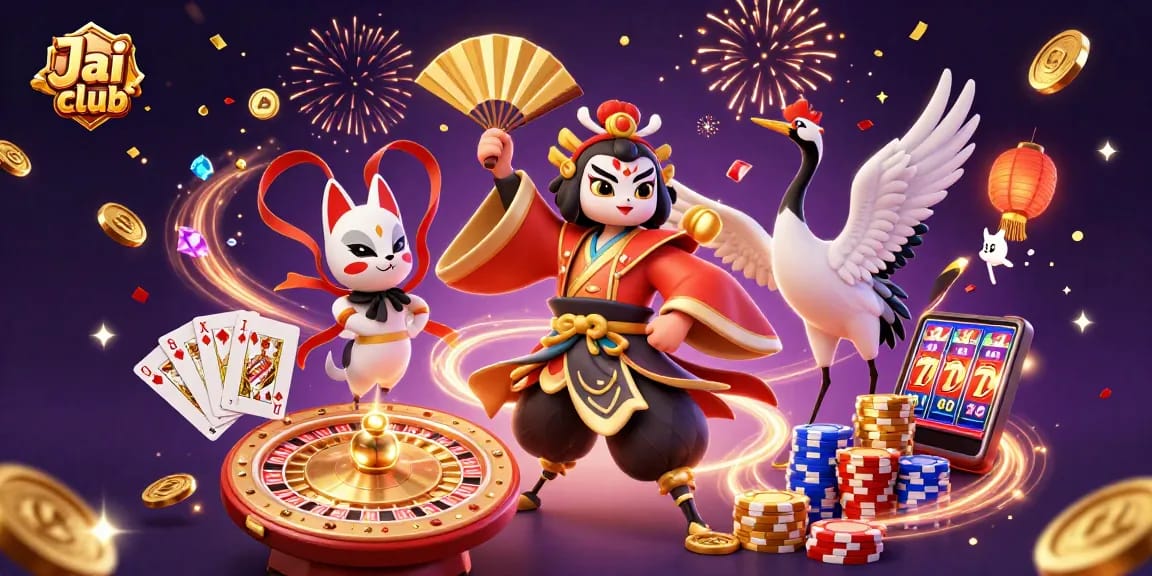 Engage with Jai club's vibrant casino experience featuring kabuki warriors and golden gaming elements.