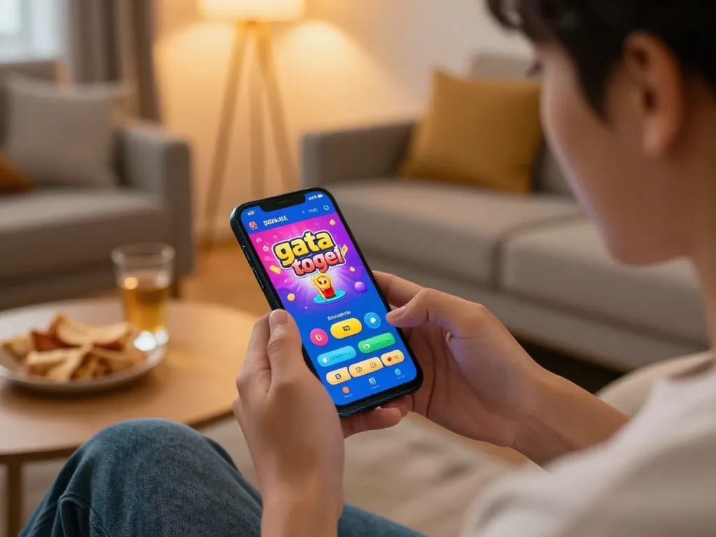 Engaging in gta togel mobile gaming with vibrant app interface in a cozy home setting.