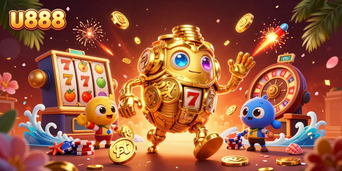 Experience thrilling wins at u888 with vibrant 3D casino action showcasing slots and golden treasures.