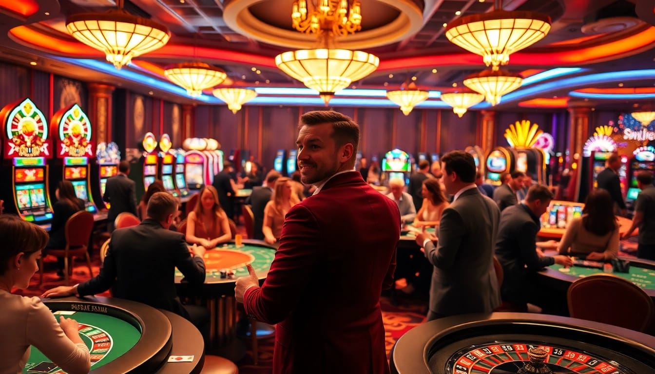 Casino spielen in einem lebhaften Casino mit Spielern an verschiedenen Tischspielen.