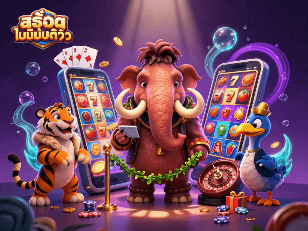 Experience สล็อตไม่มีขั้นต่ำ with a vibrant casino scene featuring a woolly mammoth bouncer and a saber-tooth tiger VIP.