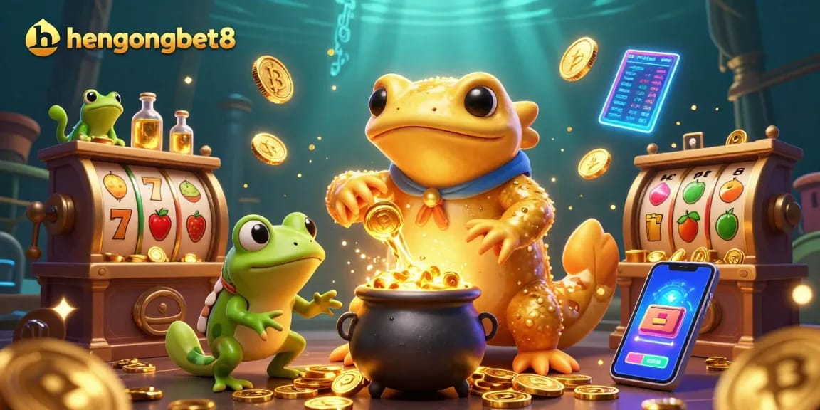 Immerse in hengongbet8's vibrant casino world, featuring golden salamander alchemist and slot symbols.