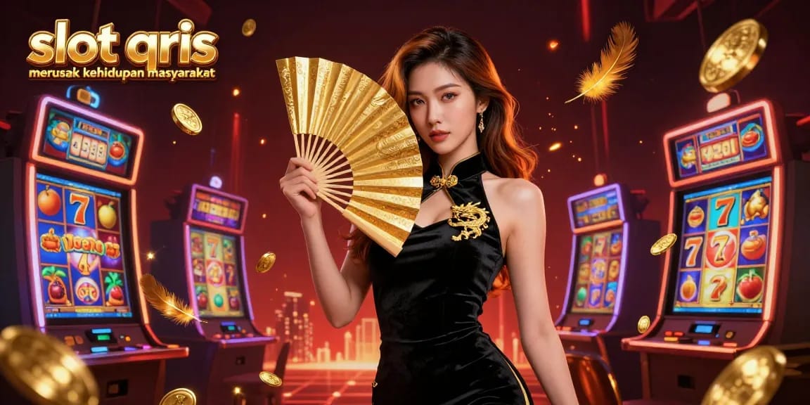 Engaging slot qris merusak kehidupan masyarakat scene showcasing a glamorous woman amidst vibrant slot machines.