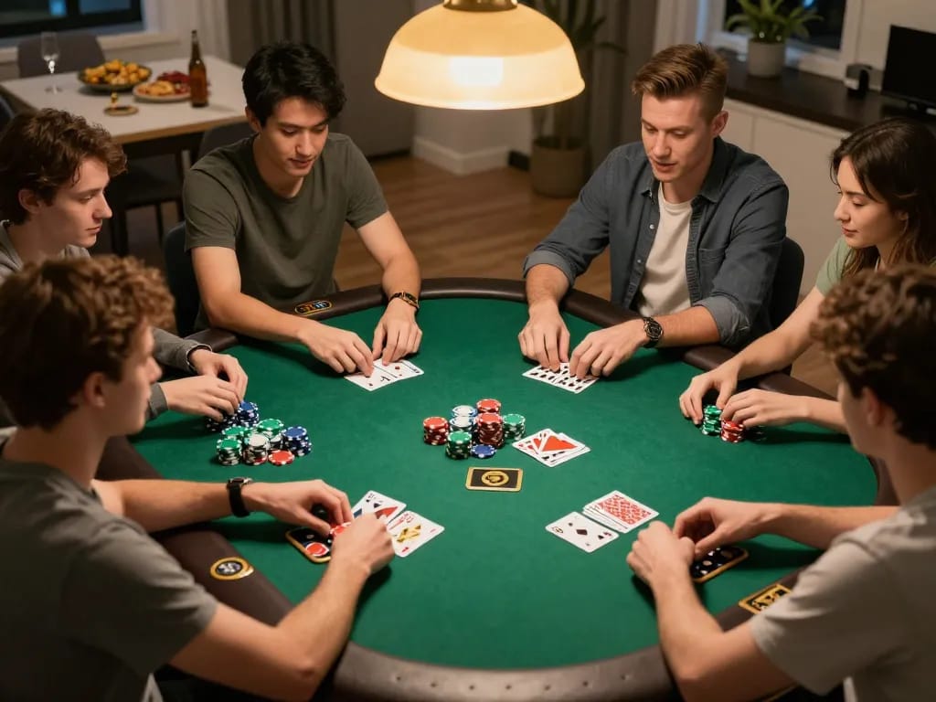 Engaging poker night at home with friends around a table showcasing the excitement of wagering on https://w88bet.football/ cards and chips at play.