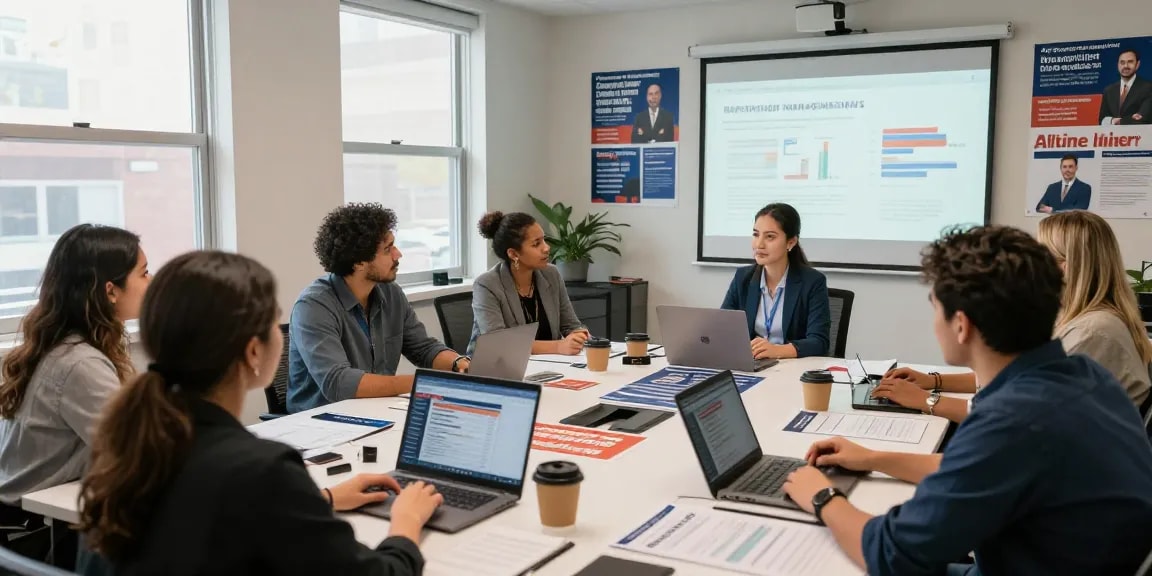 Team strategizing in a political campaign office to protect candidate reputation online with data reports and digital devices.