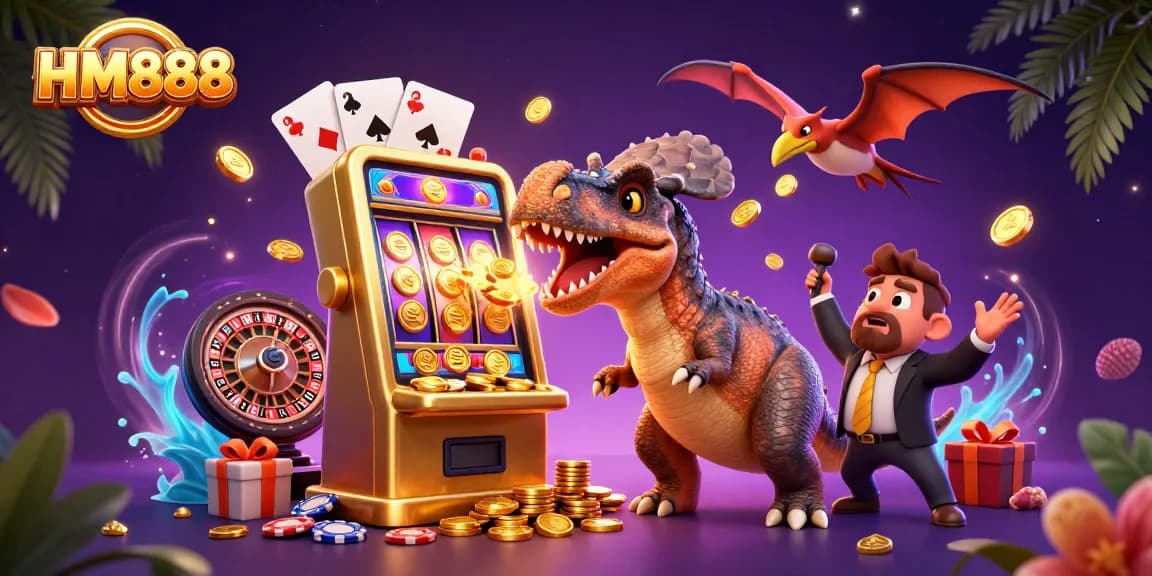 HM888 spins a slot machine with a dinosaur, catching golden coins in a vibrant casino scene.