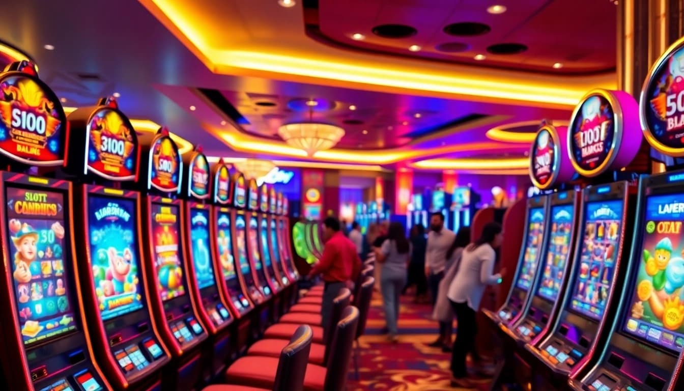 Putaran bandar slot yang menarik dalam suasana kasino yang meriah dan penuh warna.