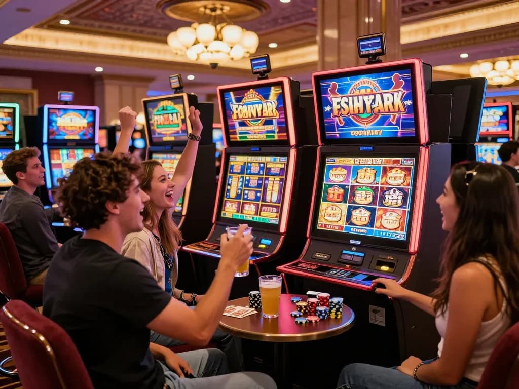 Friends celebrating a win at colorful slot machines on a vibrant casino floor, showcasing situs slot action.