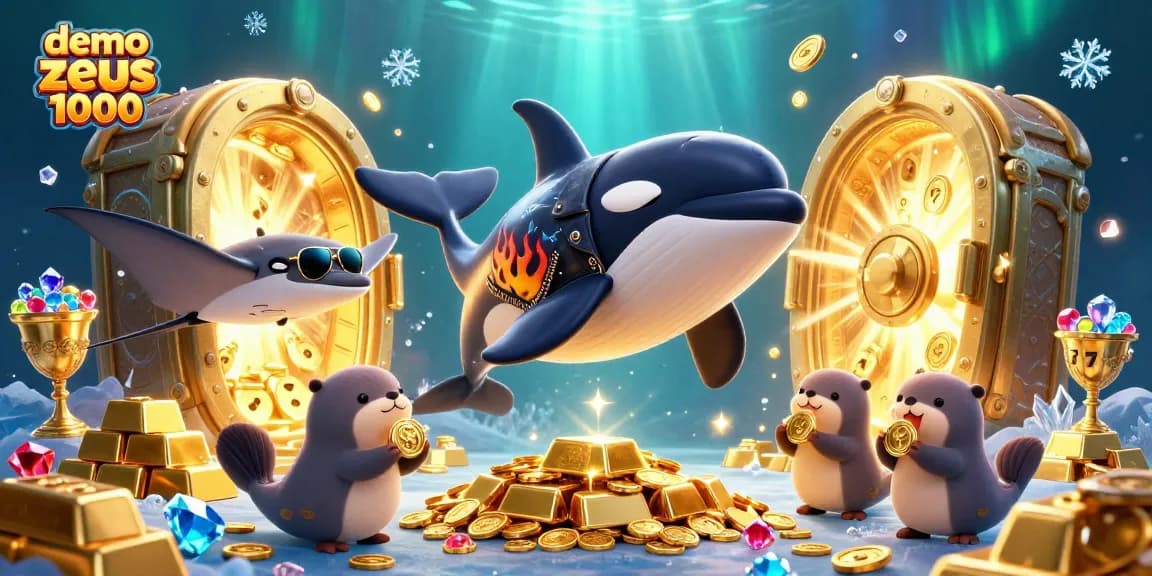 Engage with the vibrant demo slot zeus 1000, featuring cartoon characters celebrating with gold coins in a dynamic casino scene.