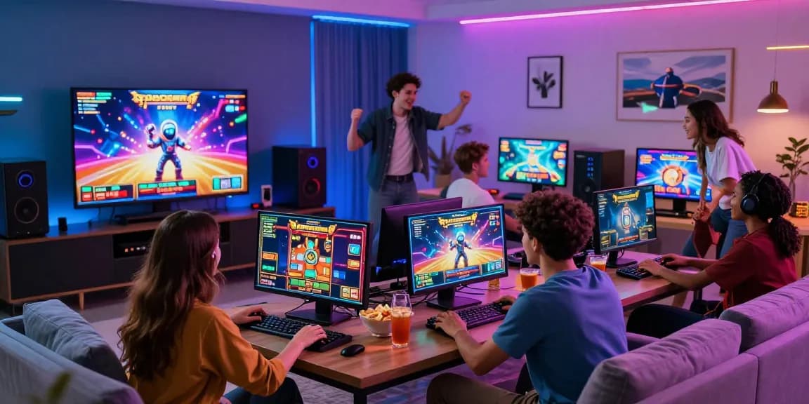 Group enjoying a 'spaceman' themed online slot game in a vibrant gaming room.