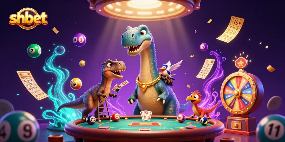 Experience thrilling shbet action as a giant brontosaurus surveys a vibrant casino scene filled with prizes.