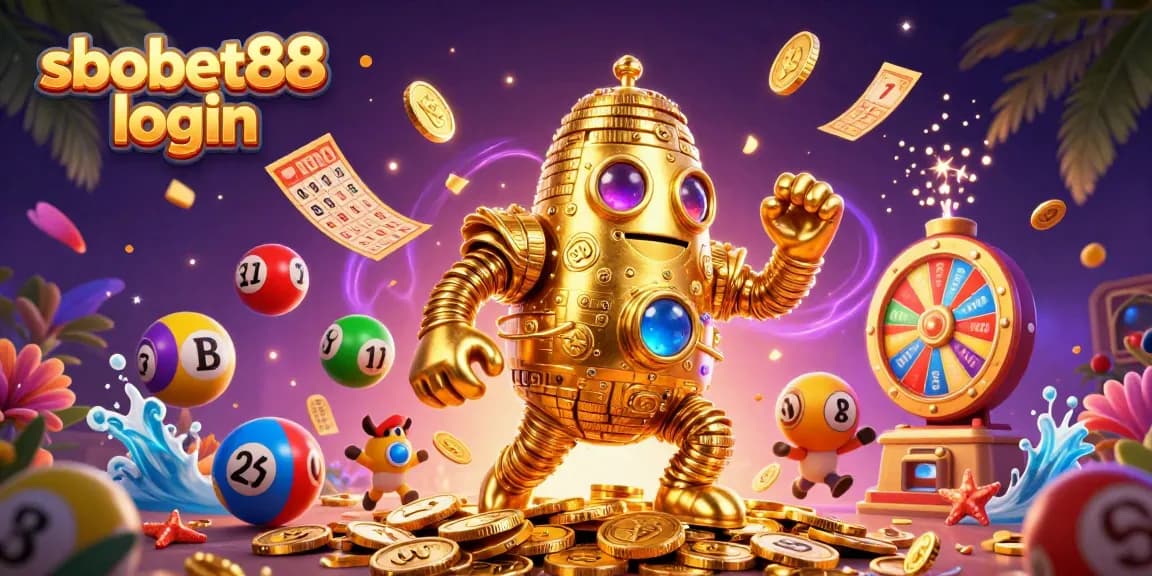 Experience sbobet88 login with dynamic 3D illustration showcasing vibrant casino elements and gaming excitement.