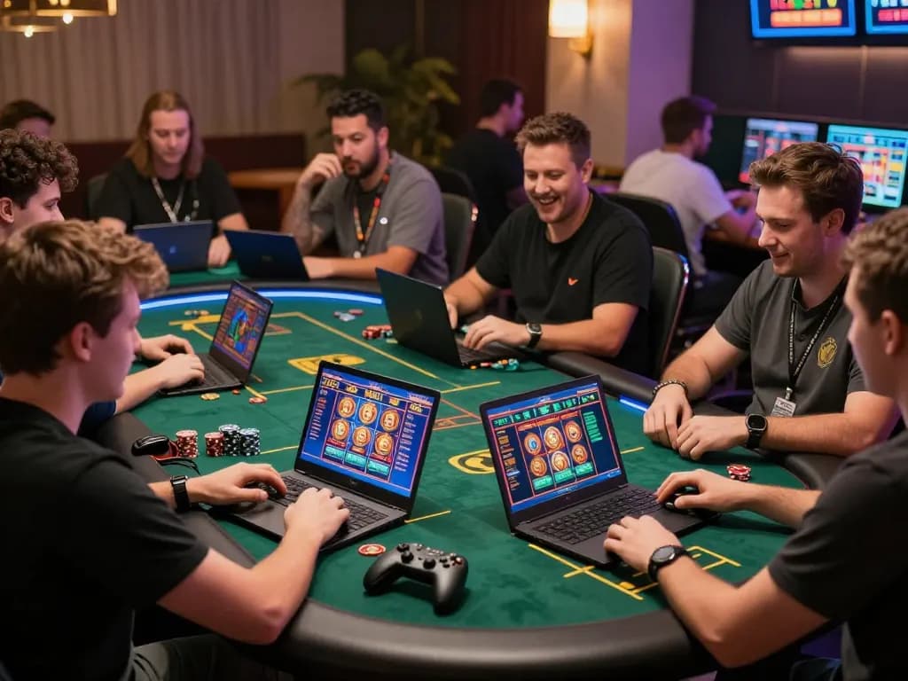 Players engaging with slot-gacor2026 online games in a vibrant home setup.