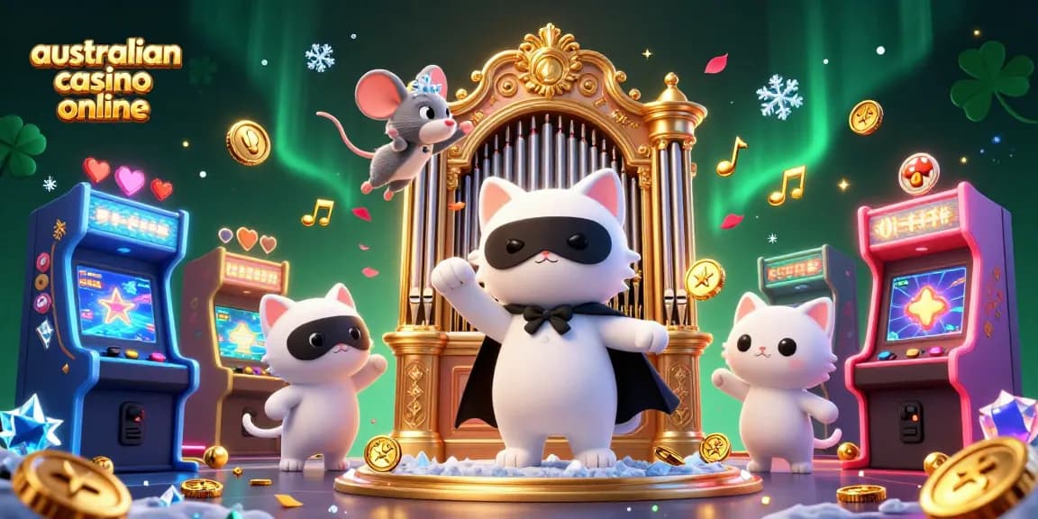 Engage in vibrant gameplay at australian casino online, featuring a whimsical cat at a grand organ.