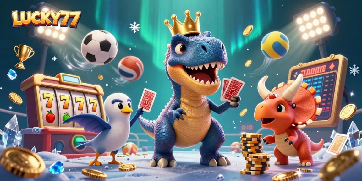 Experience the fun of LUCKY77 with a T-Rex shuffling cards, a pterodactyl, and a triceratops stacking chips in a vibrant casino scene.