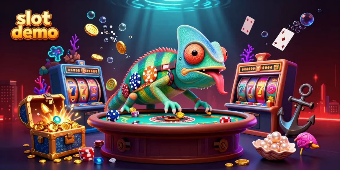 Engage with the exciting slot demo featuring a colorful chameleon casino owner amidst dynamic gambling elements.