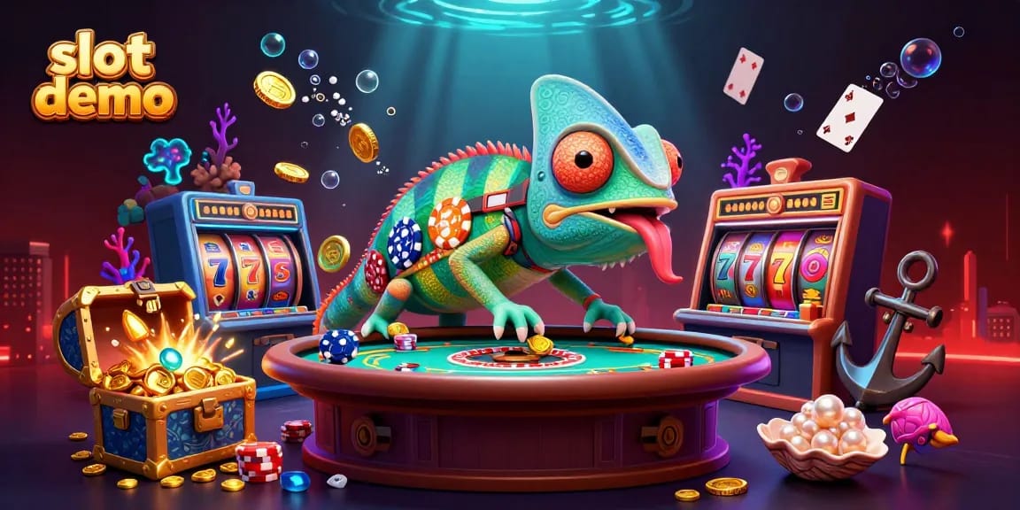 Engage with the exciting slot demo featuring a colorful chameleon casino owner amidst dynamic gambling elements.