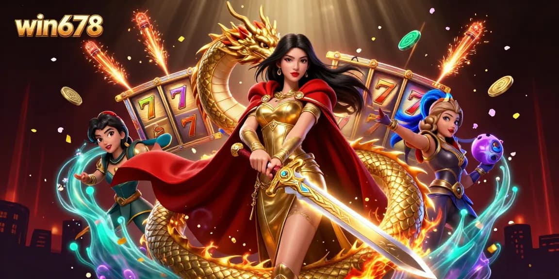 Win678's stunning illustration portrays an Asian queen with a golden sword amidst dynamic slot games and festive elements.