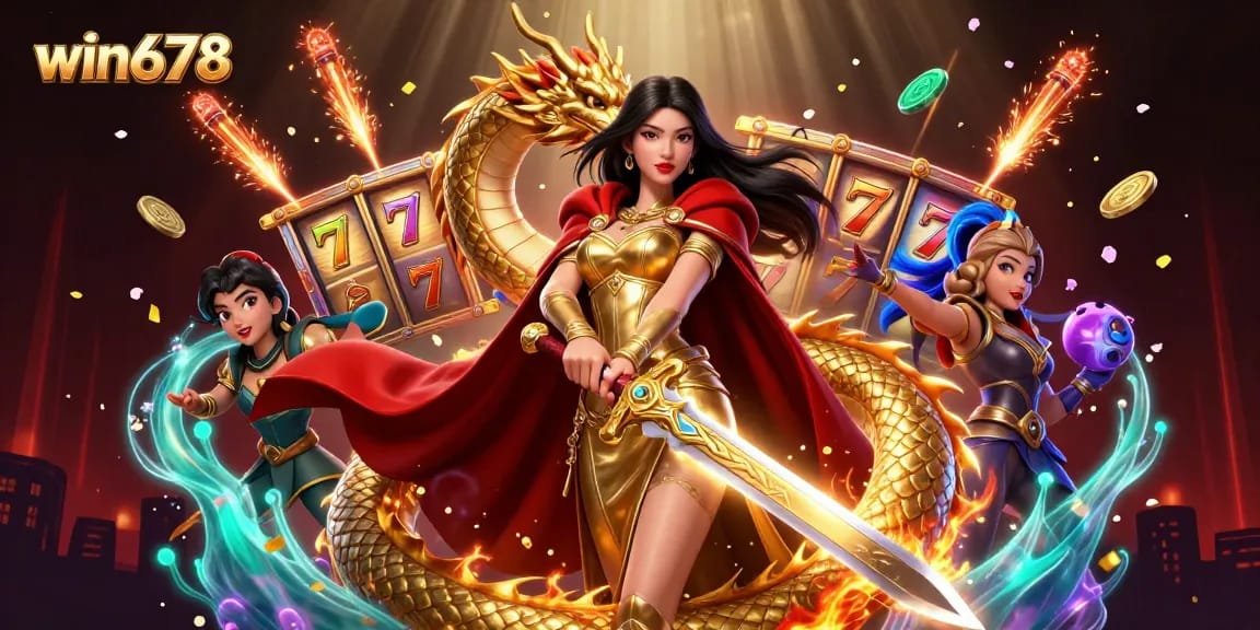 Win678's stunning illustration portrays an Asian queen with a golden sword amidst dynamic slot games and festive elements.