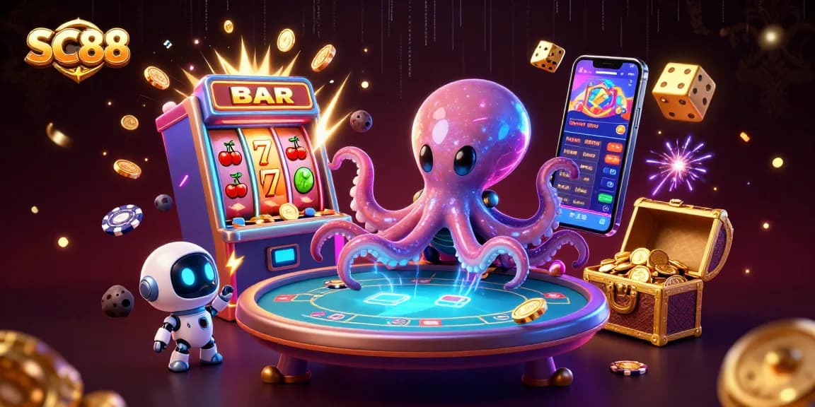 Experience SC88's thrilling virtual casino world with an alien octopus and robot gambler.