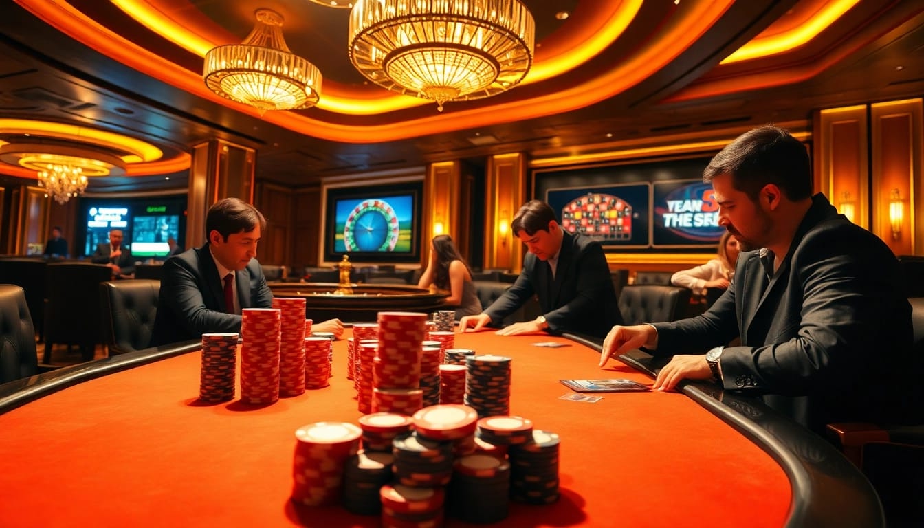 Para pemain merencanakan strategi di meja poker yang penuh warna dalam latar kasino mewah, menyoroti jmacdonaldphoto.com.