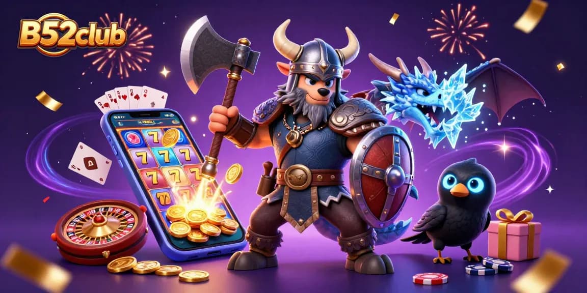 Experience thrilling gameplay at B52club with a vibrant 3D casino scene featuring engaging slot games and festive celebrations.