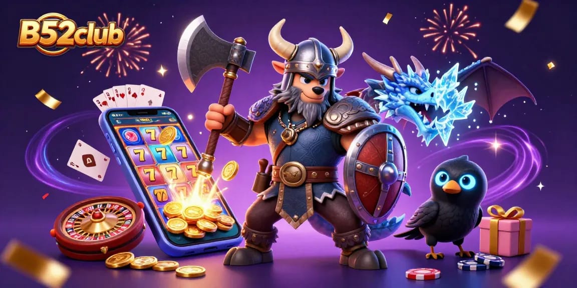 Experience thrilling gameplay at B52club with a vibrant 3D casino scene featuring engaging slot games and festive celebrations.