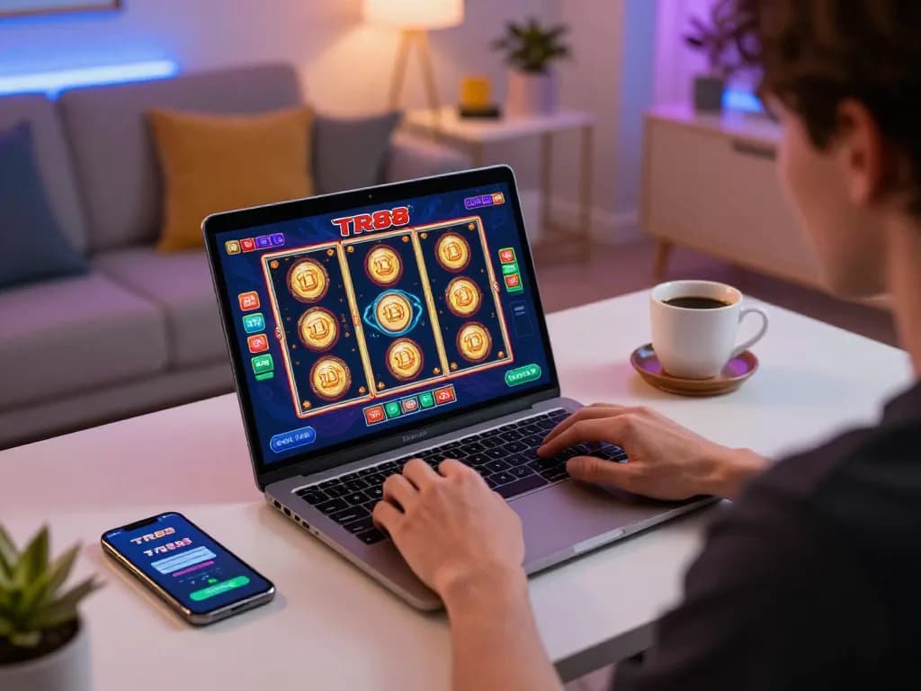 Engaging moment on TR88 with a player enjoying online slots on a laptop at home.