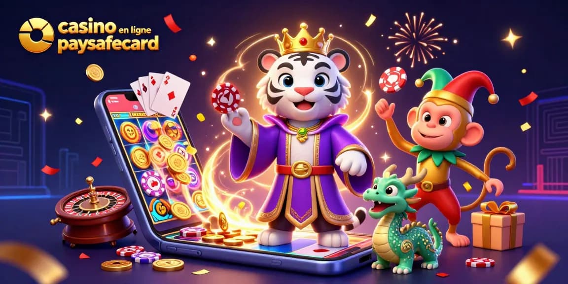 Jouez dans un casino en ligne paysafecard avec un tigre artistique, un singe et des éléments de jeu