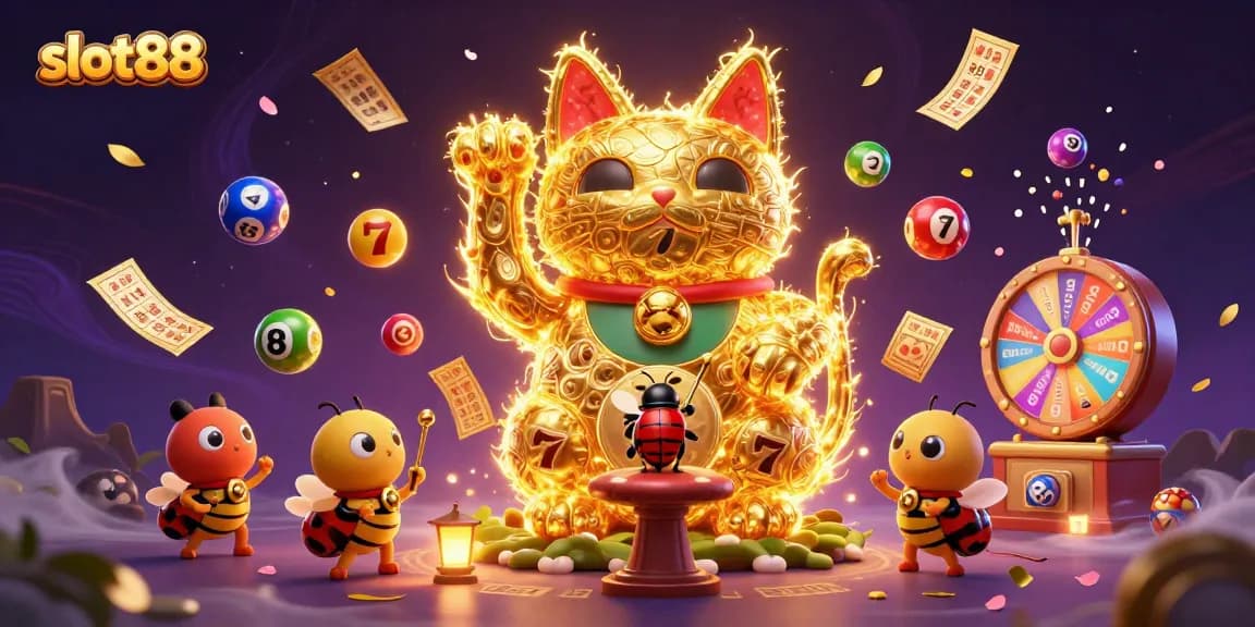 Win big with slot88's vibrant symbols and lucky charm in an animated casino scene.