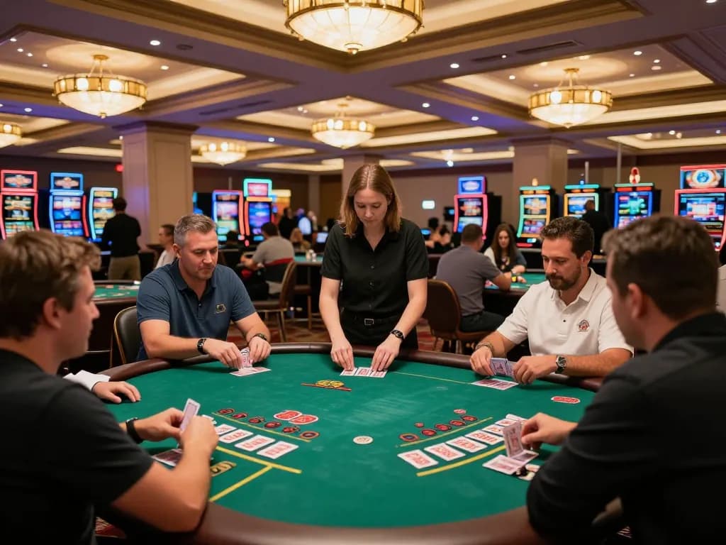Players enjoying blackjack games at Spin Panda Casino with vibrant decor and ambient lighting