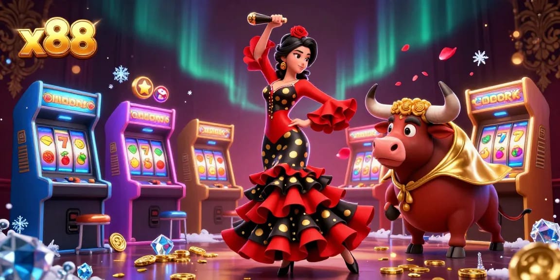 x88 provides a vibrant casino atmosphere featuring a glamorous figure and fun gaming elements.