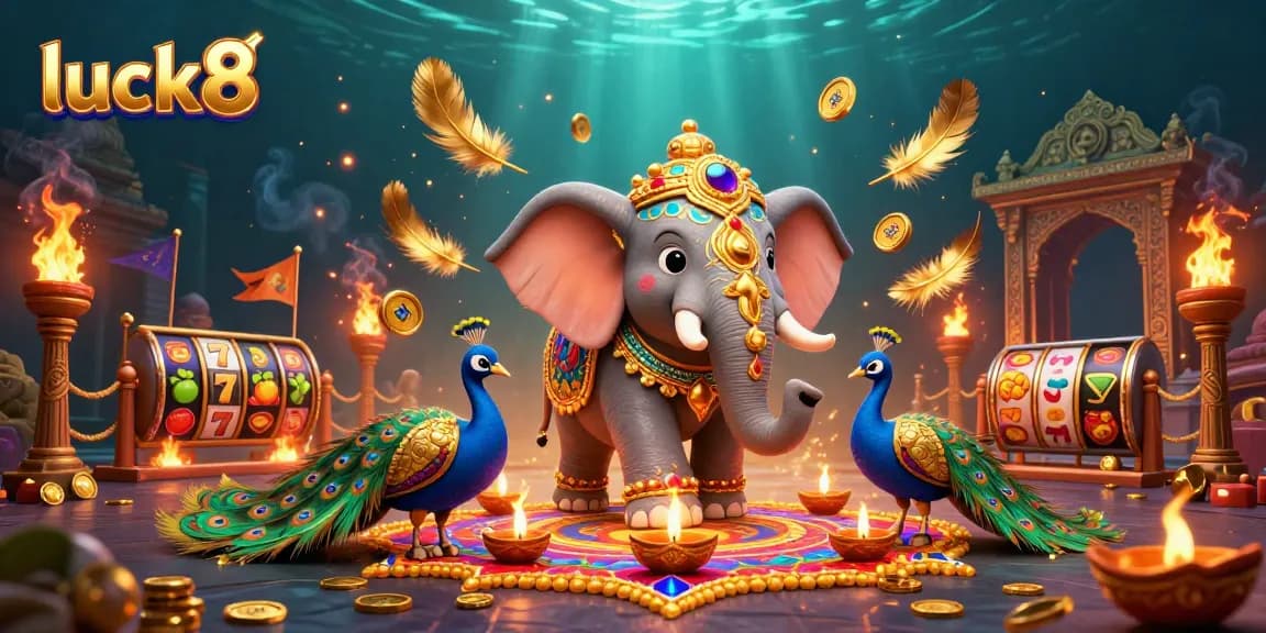 Spin and win with luck8 in a vibrant casino scene featuring an elephant and peacock!