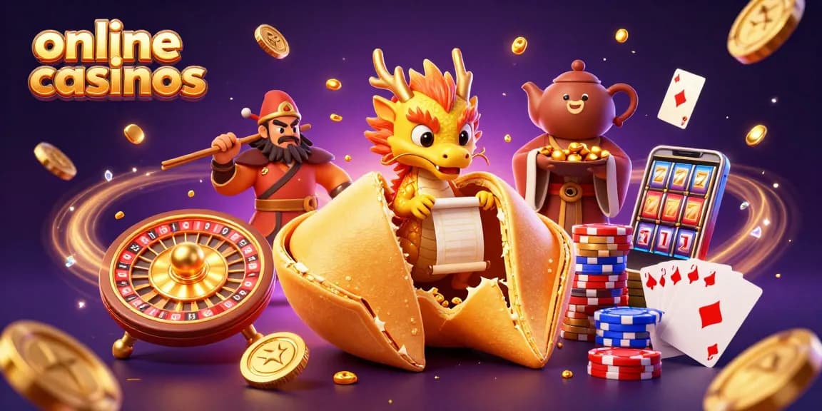 Experience vibrant online casinos with treasures, wise dragons, and dynamic gaming elements in a magical scene.
