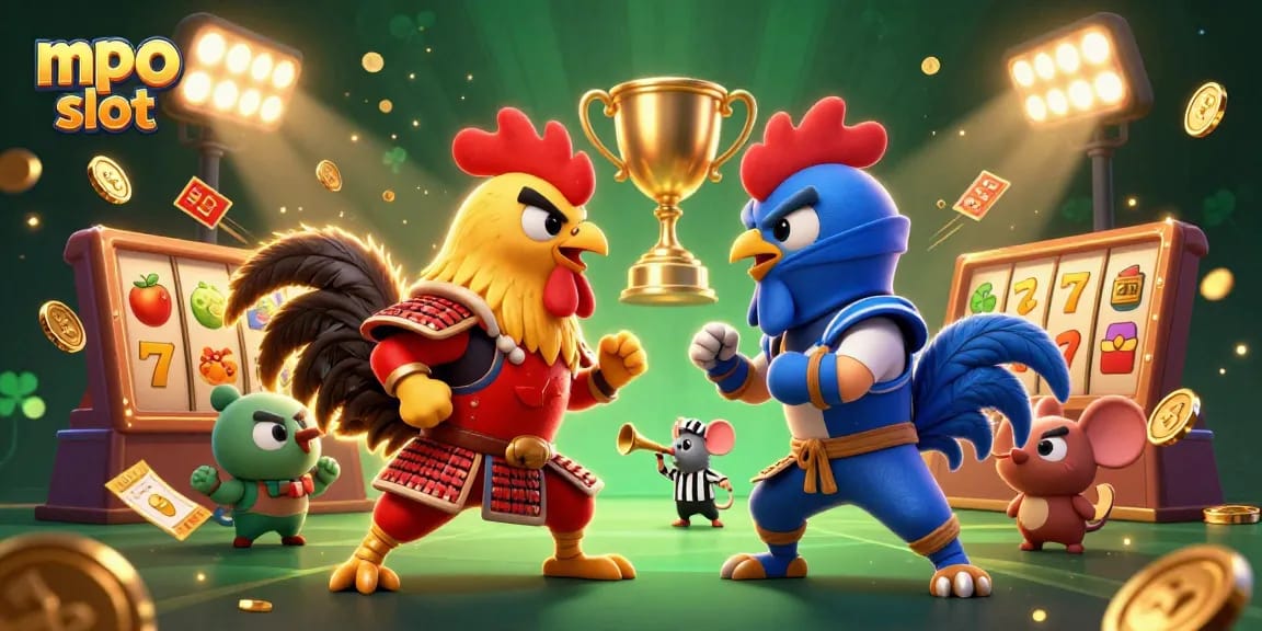 Engage in mpo slot action with dynamic fighting roosters amidst golden symbols and casino excitement.