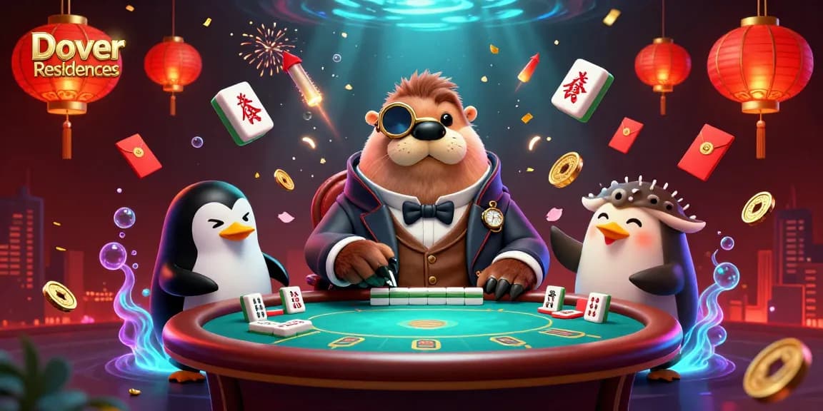 Dover Residences showcases a jolly walrus and penguin dealer at an underwater poker table with vibrant gambling elements.