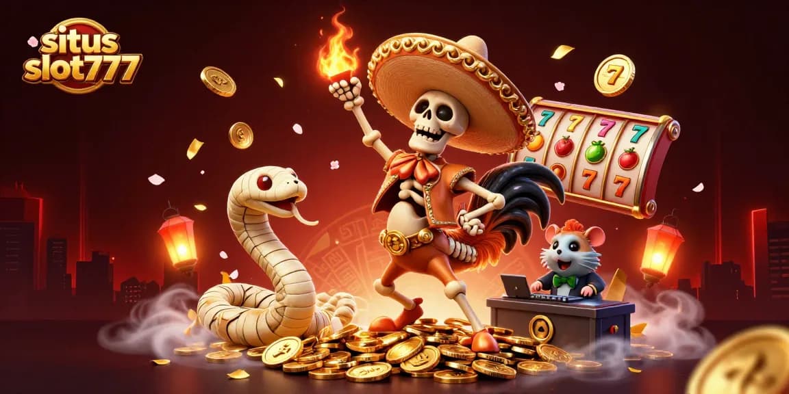 Situs slot777 showcases a vibrant 3D casino scene with a mariachi rooster celebrating on golden coins amidst dynamic slot game elements.