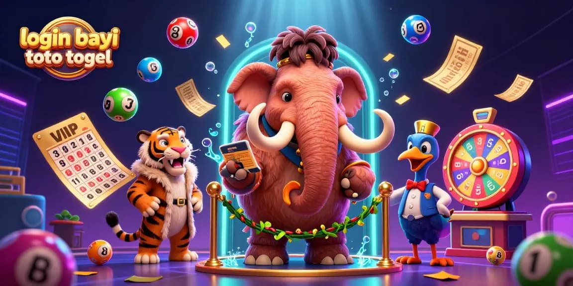 Engage with login bayi toto togel through a vibrant casino scene featuring lottery elements and whimsical characters.