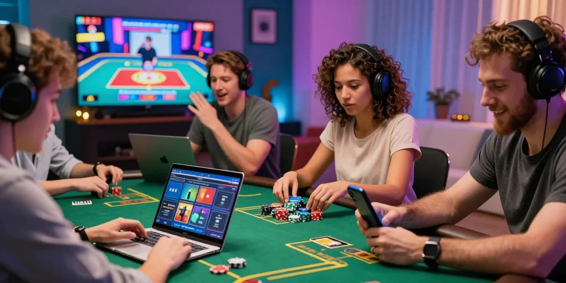 Exciting scene of players engaging with credit card online casinos in a lively modern living room.