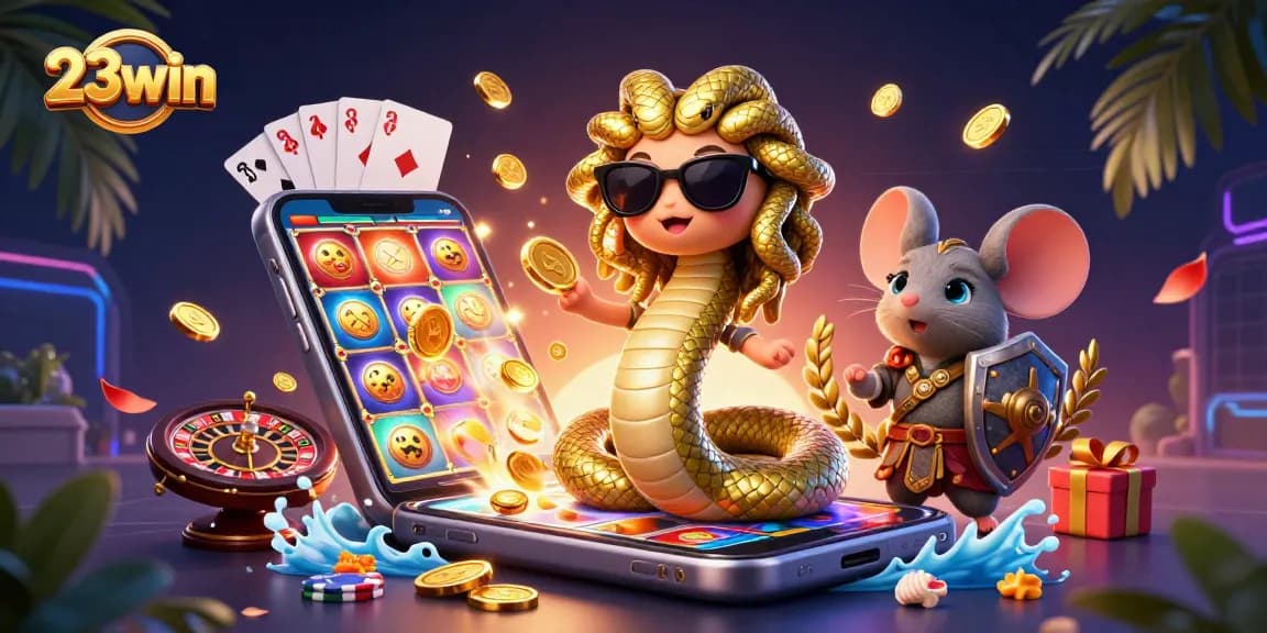 Experience thrilling games at 23win, featuring Medusa and gaming elements amidst a vibrant casino atmosphere.