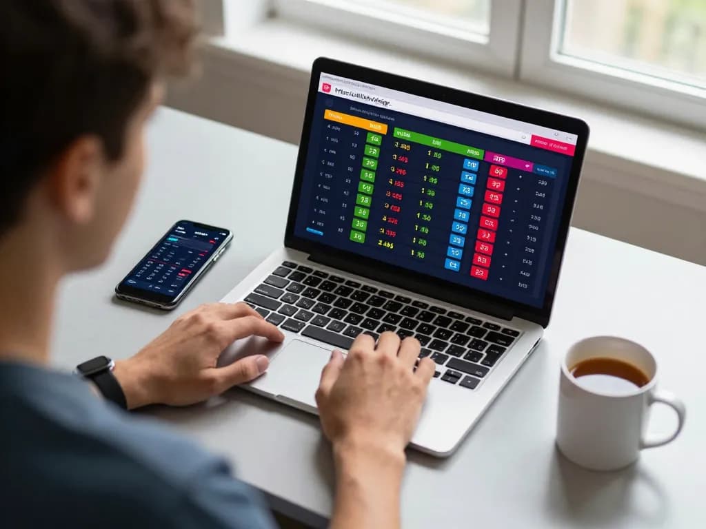 Engaged user placing bets on https://cakhiatv.design/ with laptop and smartphone in a bright setting.